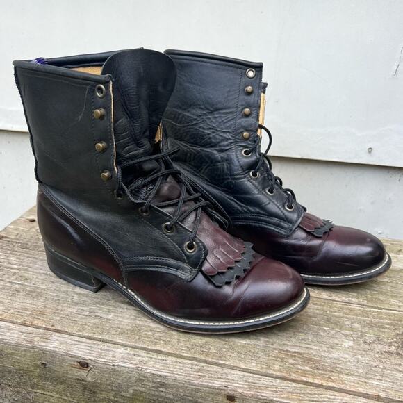 Vintage 90s Laredo Roper Lace Up Black Cherry Red Two Tone Cowgirl Boots 8 1/2 M - Picture 1 of 7